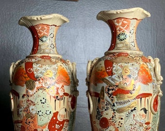 Antique Meji Period Satsuma Vases, Matching Pair, Japanese Pottery, Hand Painted Gold Gild Enamel, Asian Ceramic Decor, Ornate Design