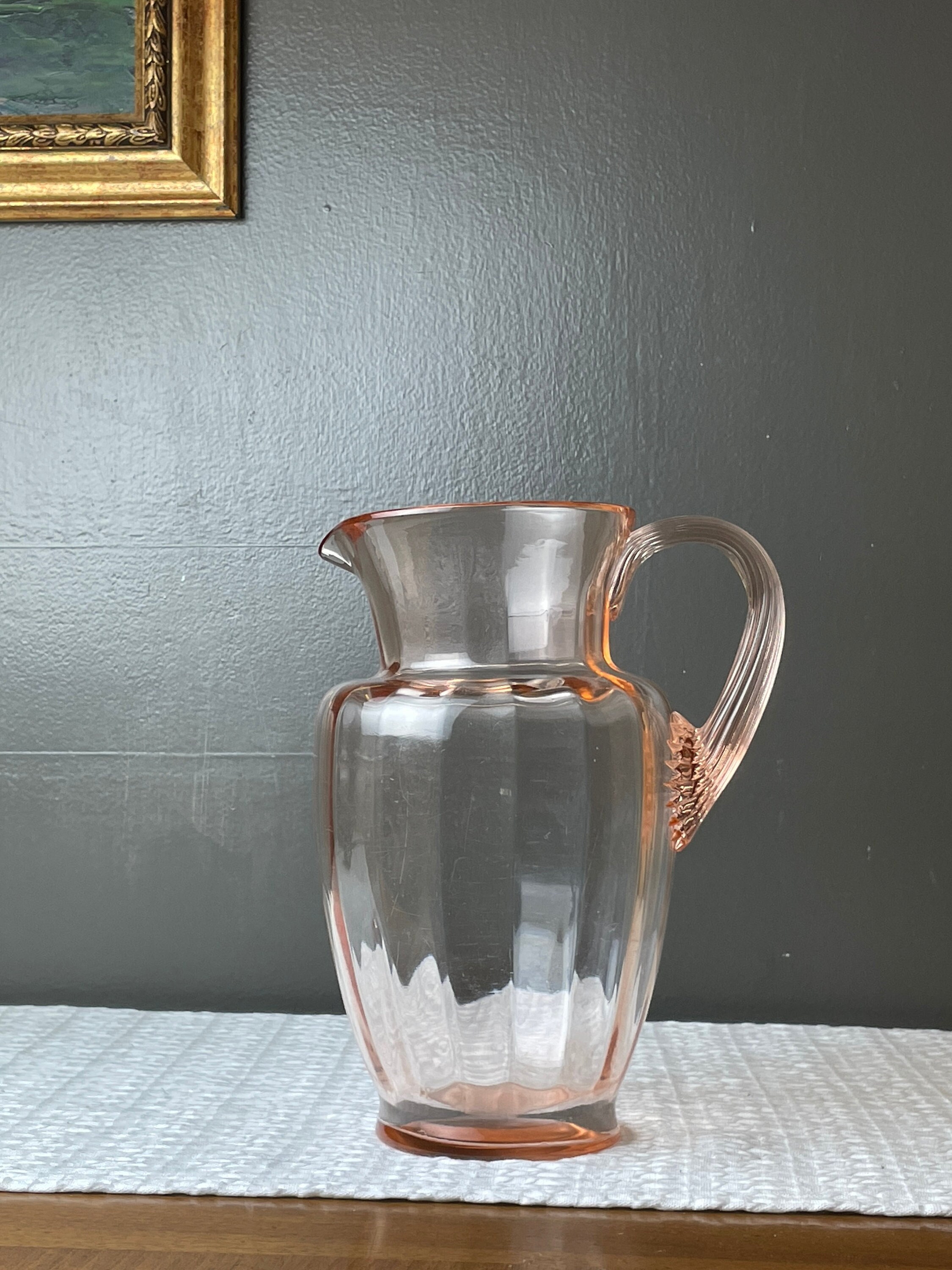 Vintage Clear Glass Pitcher with Raspberry & Leaf Design & Handle 8 Tall
