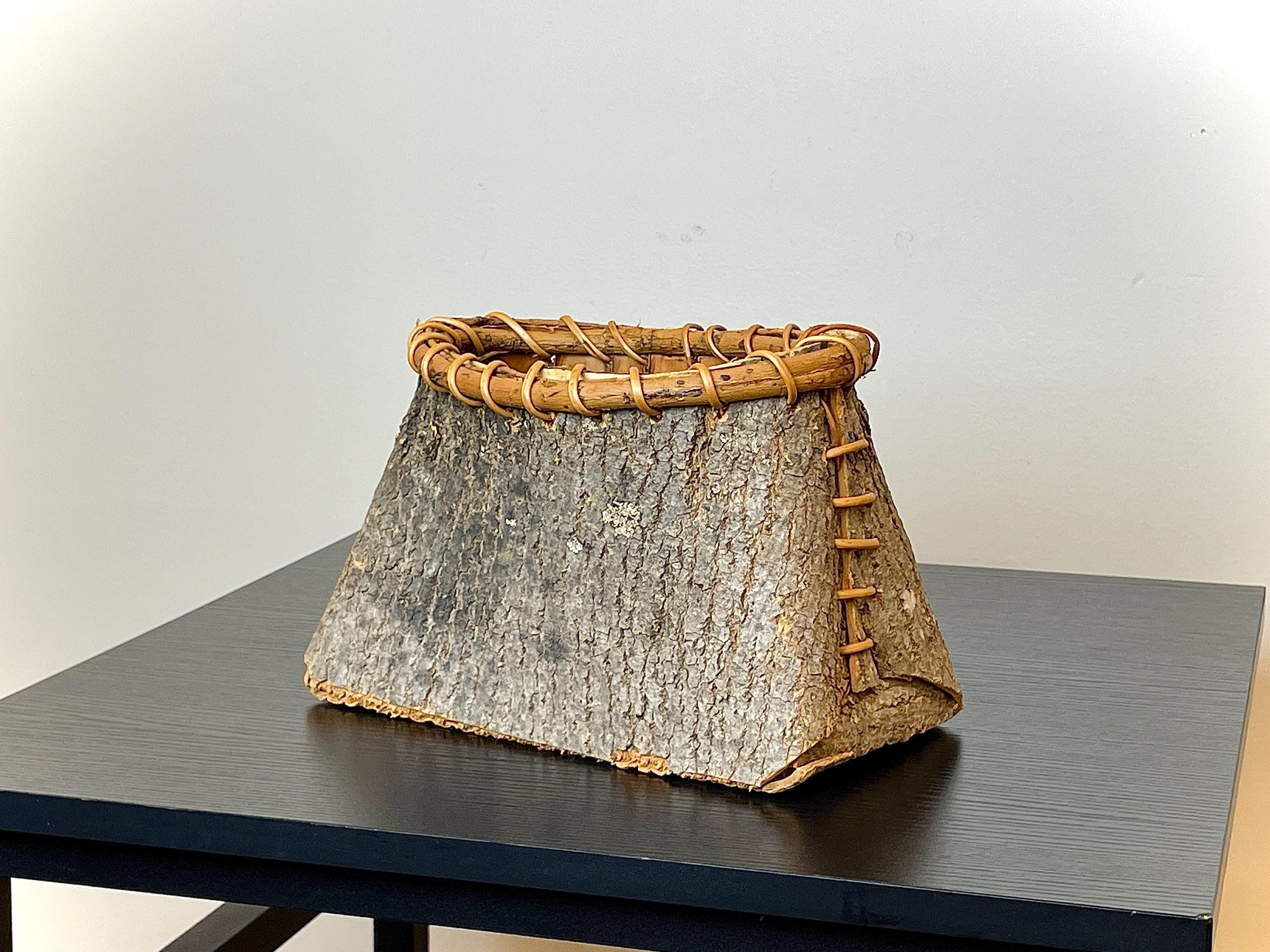 Antique/Early Vintage Woodlands Birch Bark Mokuk Basket Great Lakes Hand Laced Bark Vessel Rustic Organic Modern Sculptural Container