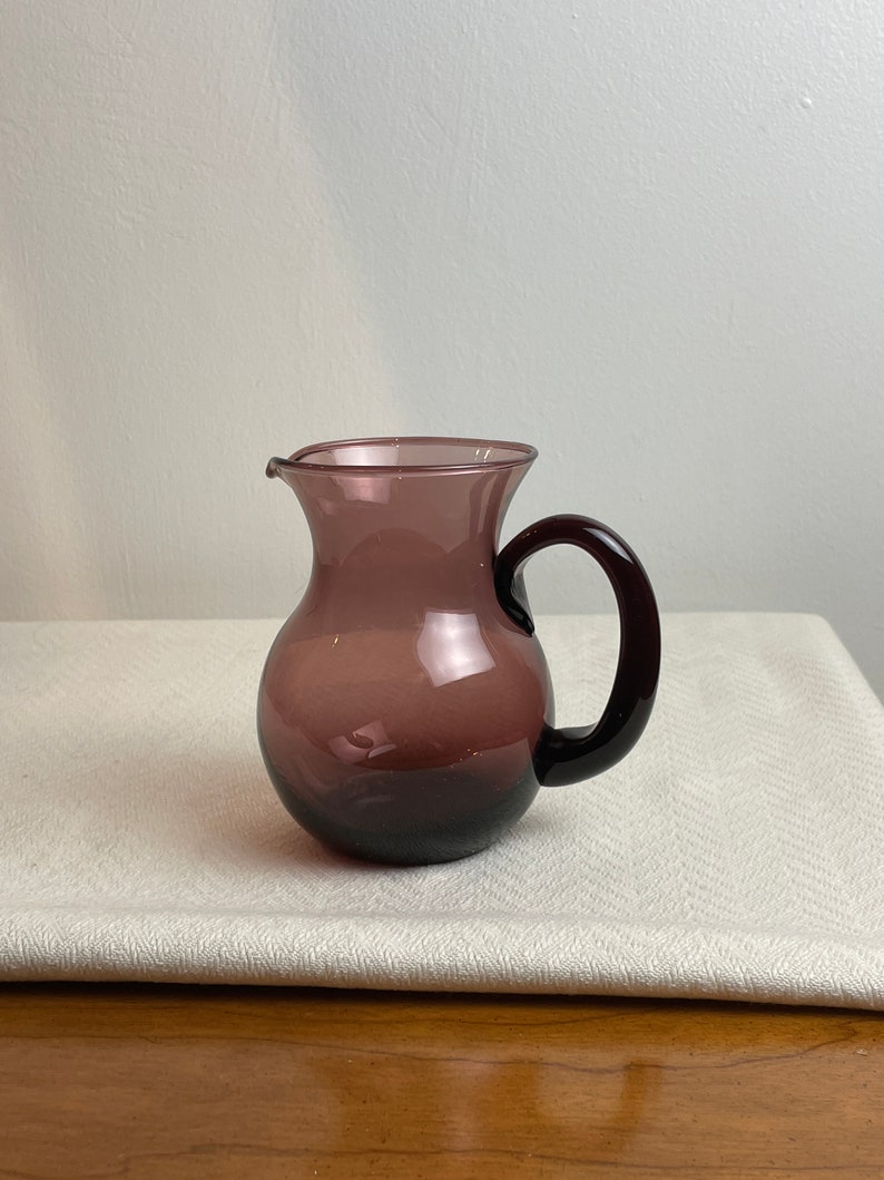 MCM Hand Blown Purple Plum Green Small Pitcher, Vintage Mid Century Modern Art Amethyst Glass Creamer image 2