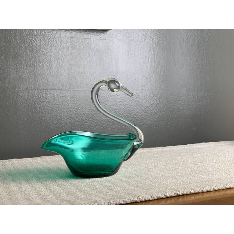 Vintage Handblown Art Glass Swan Bowl in Green Color Etsy