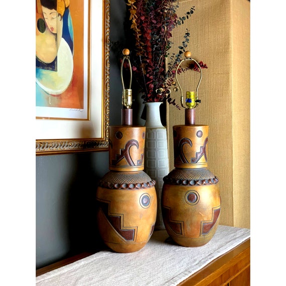 Vintage Incised Pottery Table Lamps Western Style Casual Lamps