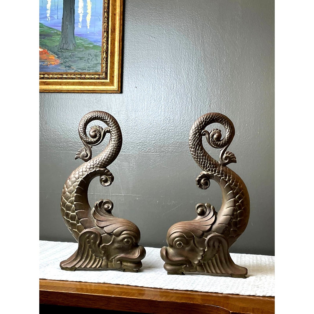 Antique Cast Bronze Andiron Dolphin Devil Fish Koi Fireplace Hearth