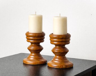 Staved & Turned Red Oak Baluster Candle Holders, Pair | Circa 1970s | Architectural Pillar Candlesticks