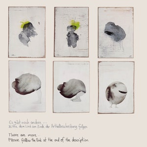 May include: Six abstract watercolor paintings on wood panels. Each painting features a unique, stylized figure in shades of gray and green. The figures are reminiscent of human forms, but with simplified features and a whimsical, almost cartoonish quality. The paintings are displayed in a grid format, with a white background.