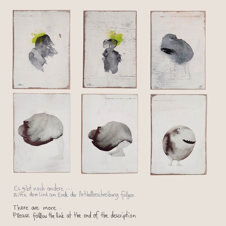 May include: Six abstract watercolor paintings on wood panels. Each painting features a unique, stylized figure in shades of gray and green. The figures are reminiscent of human forms, but with simplified features and a whimsical, almost cartoonish quality. The paintings are displayed in a grid format, with a white background.
