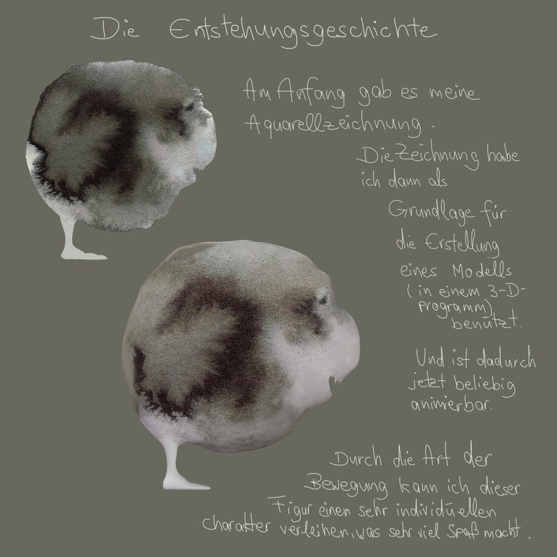 May include: A watercolor illustration of a character creation process. The text describes the process of using a watercolor sketch as the basis for a 3D model. The text reads: "Die Entstehungsgeschichte Am Anfang gab es meine Aquarellzeichnung Diezeichnung habe ich dann als Grundlage f&uuml;r die Erstellung eines Modells (in einem 3-D-Programm) ben&uuml;tzt. Und ist dadurch jetzt beliebig animierbar. Durch die Art der Bewegung kann ich dieser Figur einen sehr individuellen Charakter verleihen was sehr viel Spa&szlig; macht."