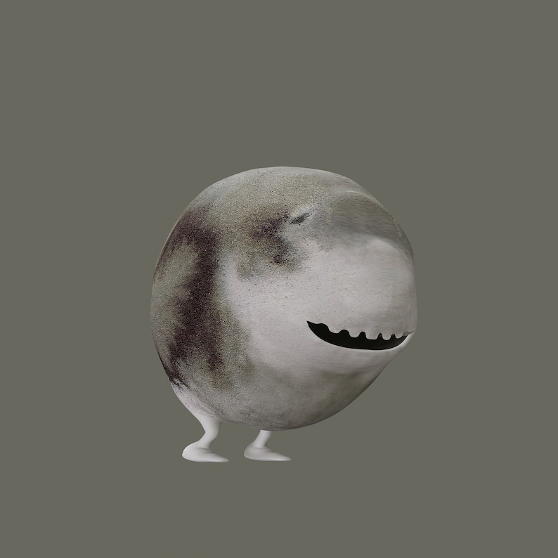 May include: A cartoon character shaped like a gray and white egg with a black mouth and two white legs. The character is smiling.