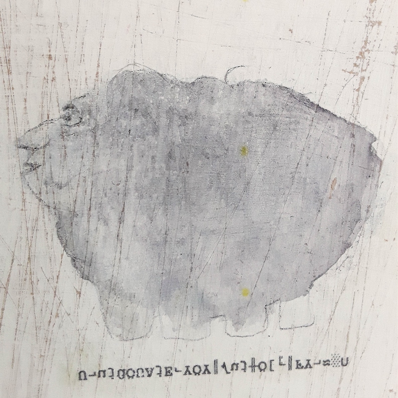 May include: A black and white abstract drawing of a creature with a large head and a small body. The drawing is on a white background with a few yellow dots.