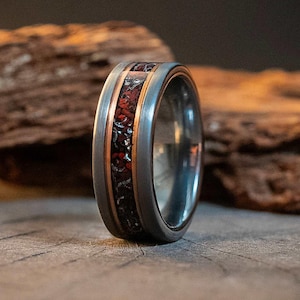 Dinosaur Bone & Meteorite Tungsten Ring, Brushed Flat Rose Gold Strips Unique Mens Wedding Band, Comfort Fit, Mens Ring, Promise Ring, 8mm