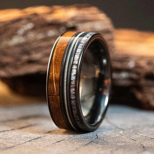 Black Whiskey Barrel Wood Tungsten Guitar String Antler Ring, Unique Mens Wedding Band, Mens Ring, Mens Engagement Ring, Wedding Ring, 8mm