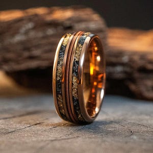 Meteorite Gold Leaf Flakes Guitar String Tungsten Carbide Wedding Band, Mens Ring, Promise Ring,Unique Engagement Ring, Gift for Him, 8mm image 1