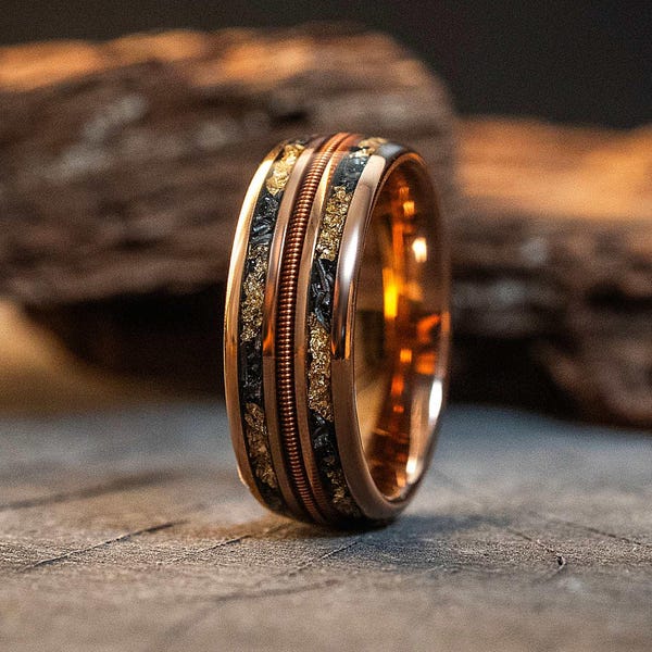 Meteorite Gold Leaf Flakes Guitar String Tungsten Carbide Wedding Band, Mens Ring, Promise Ring,Unique Engagement Ring, Gift for Him, 8mm