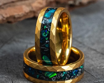 Meteorite Emerald Green Opal Ring, Gold Hammered Wedding Ring