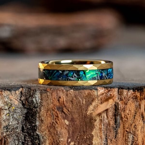 Meteorite & Emerald Green Opal Ring, 6mm Delicate Gold Hammered Womens Wedding Band, Tungsten Carbide Ring , Womens Ring, Engagement Ring
