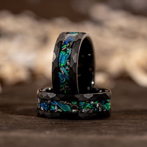 Meteorite & Emerald Green Opal Tungsten Ring - Black Hammered Mens Wedding Band, Brushed Ring for Him, Engagement Ring Unique Marriage Rings