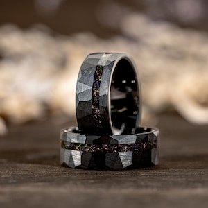 Black Hammered Red Opal Inlay Ring, Mens Wedding Band, Mens Ring, Unique Tungsten Ring for Him, Promise Ring, Engagement Ring, Gift for Him