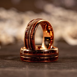 Guitar String Whiskey Barrel Mens Wedding Ring, Rose Gold Men Band, Tungsten Engagement Wood Inlay Promise Ring, Gift For Him, Proposal Ring