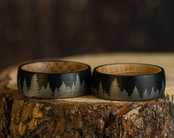 Whiskey Barrel Man Women Ring - Pine Tree Forest Pattern Mens Wedding Band, Oak Wood Mens Ring Nature Scenery, Tungsten Ring, Gift for Him