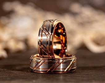 Alliance unique pour homme, alliance en tungstène or rose, bague pour homme, bague de promesse de 8 mm pour lui, bague imperméable brossée, cadeau pour lui