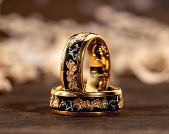 Fede nuziale in scaglie di foglia d'oro di meteorite, meteorite schiacciato e anello d'oro, fede nuziale maschile, anello di tungsteno, anello maschile, anello di promessa