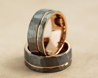 Rose Gold Strip Tungsten Ring, Hammered Wedding Ring, Mens Wedding Band, 8mm Brushed Unique Engagement Ring, Gift For Him, Promise Ring