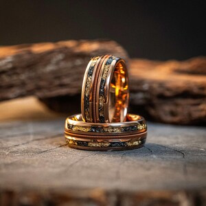 Meteorite Gold Leaf Flakes Guitar String Tungsten Carbide Wedding Band, Mens Ring, Promise Ring,Unique Engagement Ring, Gift for Him, 8mm image 4