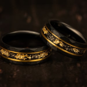 Hammered Meteorite Gold Leaf Ring, Mens Wedding Band, Brushed Black Tungsten Ring, Gold Meteorite Ring, Unique Marriage Ring Valentines Gift