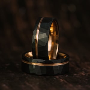 Black Tungsten Ring - Mens/Womens Wedding Band, Hammered Promise Ring, Unique Wedding Ring, Rose Gold Strip Men&#39;s Ring, Valentines Day Gift