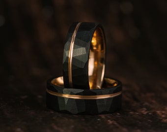 Black Tungsten Ring - Mens/Womens Wedding Band, Hammered Promise Ring, Unique Wedding Ring, Rose Gold Strip Men's Ring, Valentines Day Gift