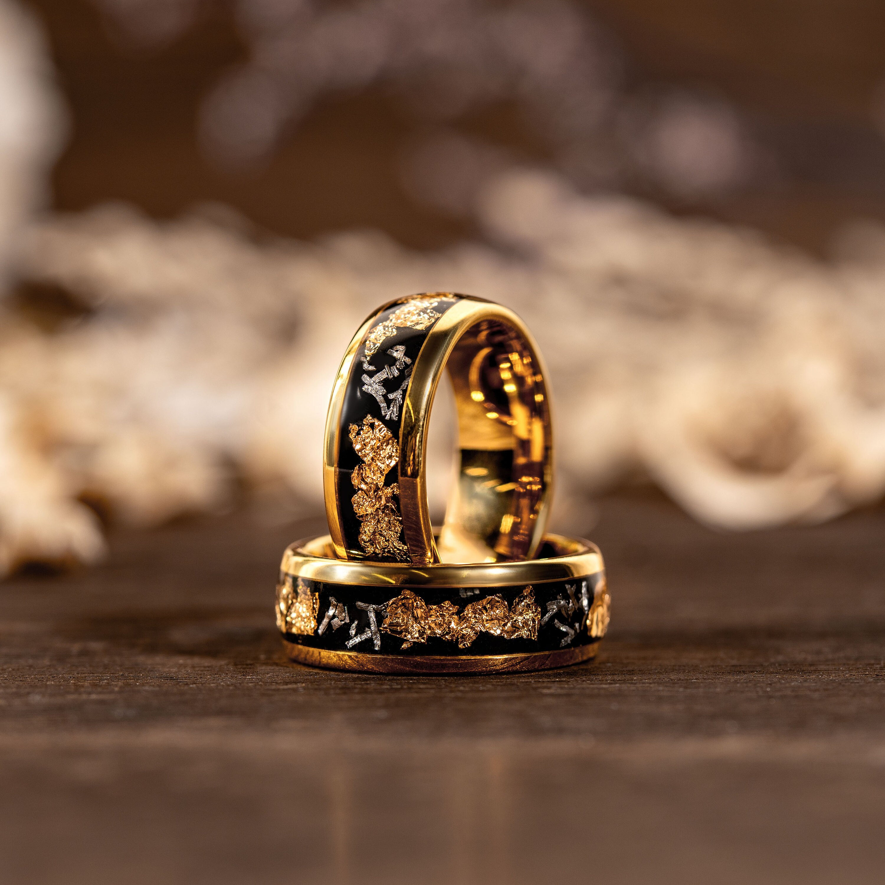 Meteorite Gold Leaf Flakes Wedding Band, Crushed Meteorite & Gold Ring, Mens Wedding Band, Tungsten Ring, Mens Ring, Promise Ring
