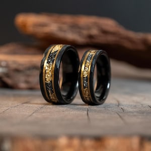 Couples Matching Meteorite Gold Leaf Tungsten Carbide Bands Engagement Rings for Him and Hers Wedding Bands Set of 2 - Proposal Rings