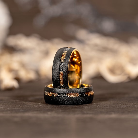 Meteorite & Gold Leaf Sandblasted Tungsten Ring - Black Mens Wedding Band, Unique Mens Ring, Wedding Ring For Him, Gift For Him, Ring