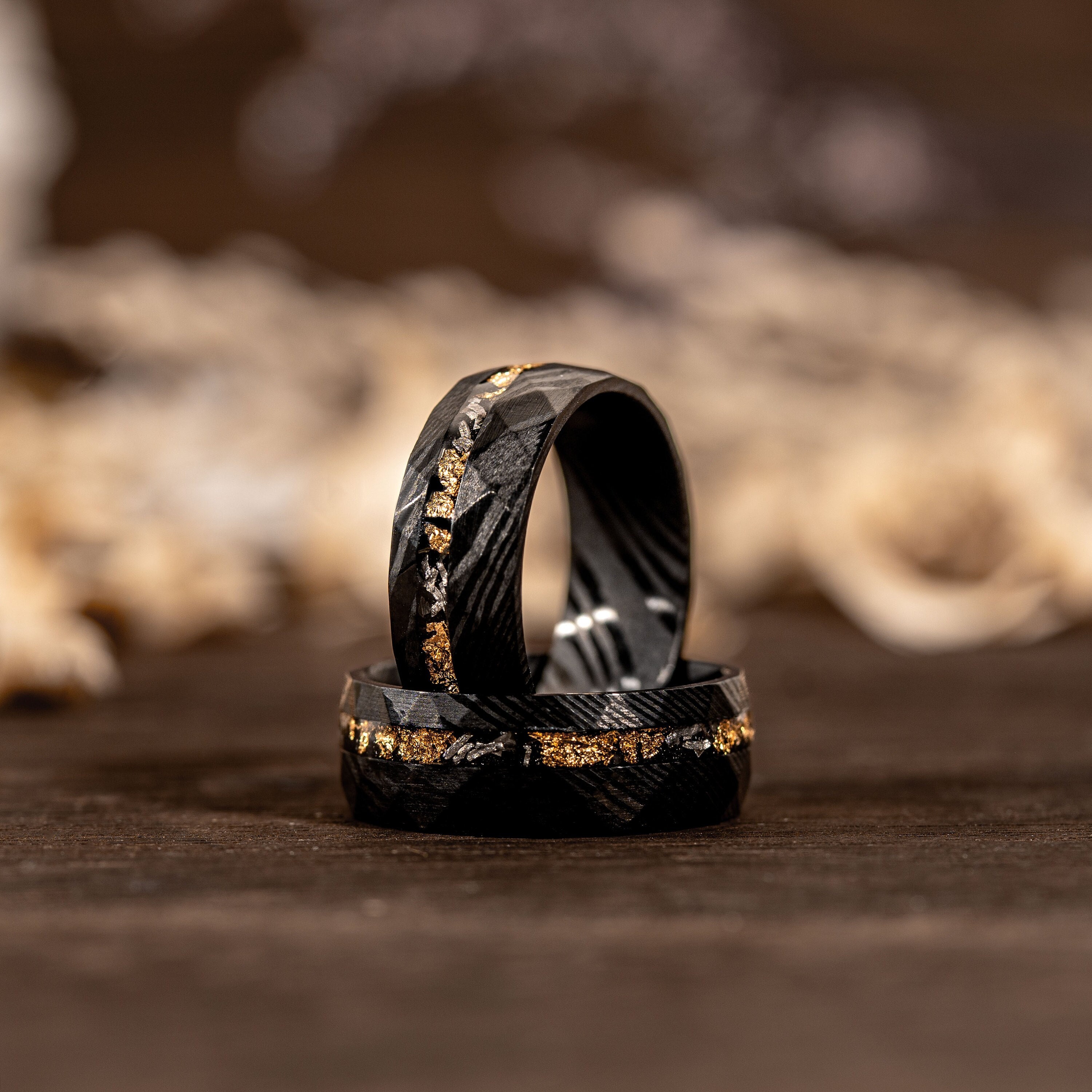 Damascus Meteorite Gold Leaf Ring, Hammered Black Steel Mens