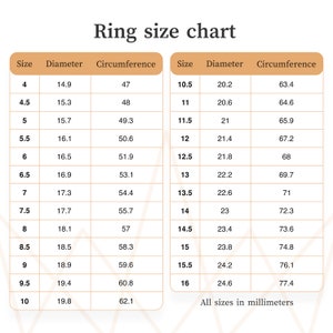 May include: A ring size chart with measurements in millimeters. The chart lists ring sizes from 4 to 16, with corresponding diameters and circumferences. The text "Ring size chart" is at the top.