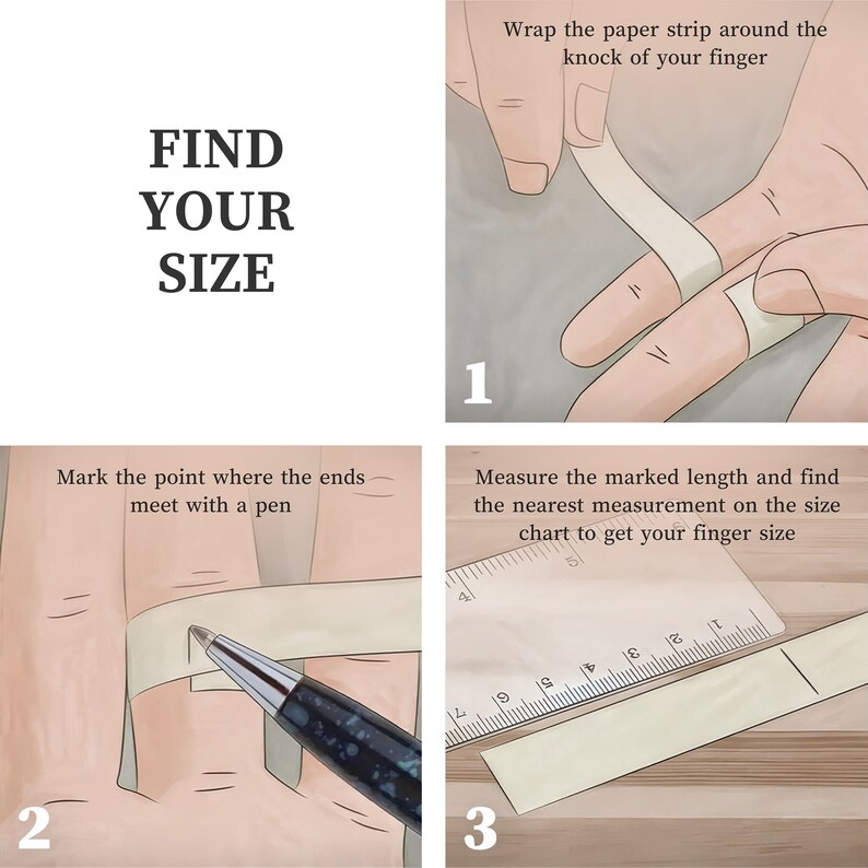 May include: Image demonstrating how to measure finger size. Step 1: Wrap a paper strip around the finger. Step 2: Mark the meeting point. Step 3: Measure the length to find the ring size. Text: FIND YOUR SIZE.
