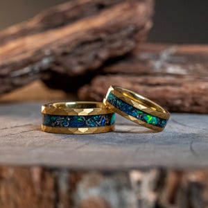 Couples Matching Gold Meteorite Opal Tungsten Carbide Bands Engagement Rings for Him and Hers Wedding Bands Set of 2 - Proposal Rings