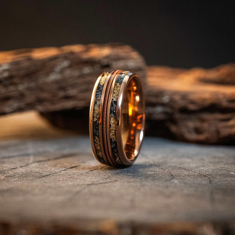 Meteorite Gold Leaf Flakes Guitar String Tungsten Carbide Wedding Band, Mens Ring, Promise Ring,Unique Engagement Ring, Gift for Him, 8mm image 1