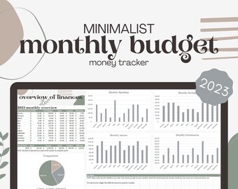 May include: A minimalist monthly budget tracker for 2023, with a spreadsheet showing an overview of finances, monthly spending, savings, income, and investments. The spreadsheet is displayed on a computer screen with a gray and brown background.