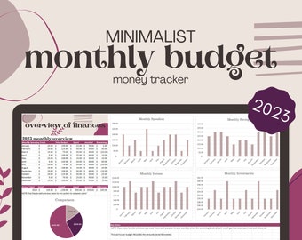 May include: A minimalist monthly budget tracker spreadsheet with charts and graphs for tracking income, spending, savings, and investments. The spreadsheet is designed for use in 2023.