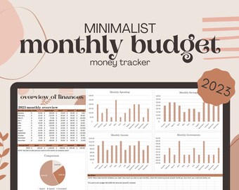 May include: A minimalist monthly budget tracker spreadsheet with a 2023 monthly overview, comparison chart, and bar graphs for monthly spending, saving, income, and investments. The spreadsheet is on a computer screen with a brown and pink background.