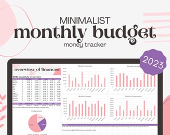 May include: A minimalist monthly budget tracker for 2023, with a pink and purple color scheme. The image shows a spreadsheet with charts and graphs for tracking income, expenses, and savings.