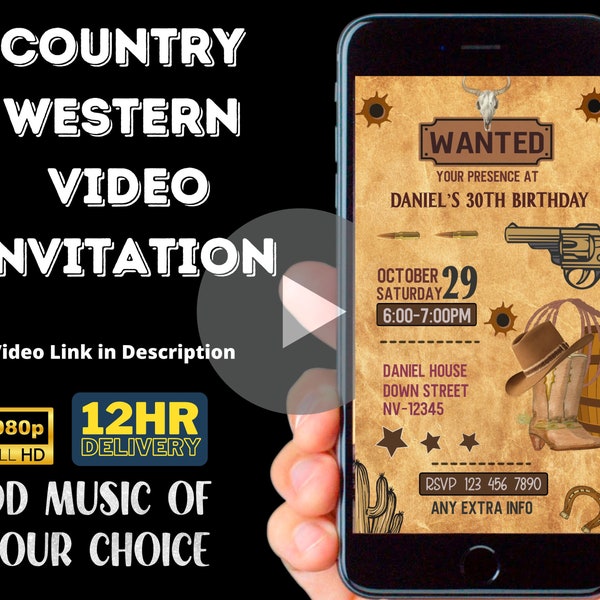 Wild Western Birthday Invitation, Country Western Birthday Video Invitation, Rustic Wood, Bullet, Lasso, Wanted, Video Invitation, Cowboy