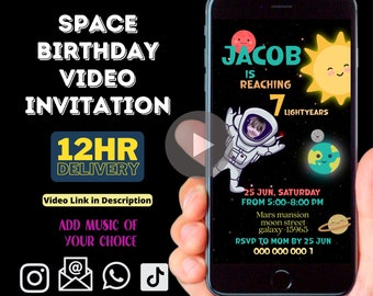 Space First Birthday Video Invitation, Space invitation, Space Party, Astronaut Party Invitation, Space Birthday Party Invitation with Photo