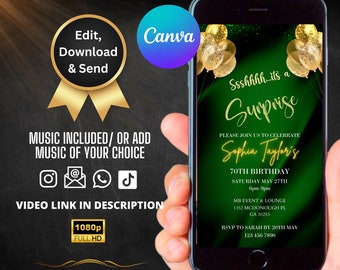 Surprise Editable Canva Template, Green Satin Golden Glitter Birthday Video Invitation Template, Editable Surprise Birthday Video Templates