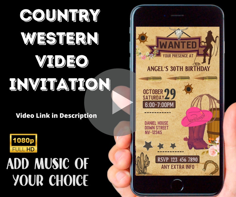 Country Western Invitation Cowgirl Birthday Video Invitation Party Rustic Wood Pink Bullet Lasso Cowgirl Hat Western Party