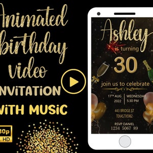 Birthday Video Invitation, Black and Gold Birthday Invitation, Any Age Birthday Invite, Adult birthday, Glitter Animated Invitation, Custom