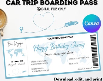 Editable Boarding Pass Template, Surprise Road Trip Gift, Editable Fake Boarding Ticket, Surprise Vacation Printable, Car Trip Gift Voucher