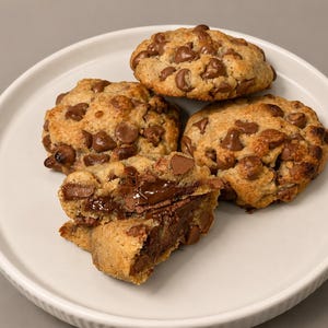 May include: Four round chocolate chip cookies arranged on a white plate. Three cookies are whole, while one cookie is broken in half, revealing a soft, melted chocolate centre. The cookies have a golden-brown baked texture with visible chocolate chips.