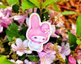 Sad My Melody Vinyl Sticker, Sparkly Holo Overlay